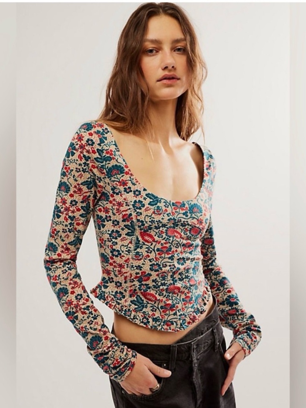 New Free People Melanie Long Sleeve Top in Sand Combo Size Large